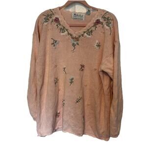 Malarkey Vintage Womens Sweater Lg Flowers Crochet Embroidery Pink Pearls Top